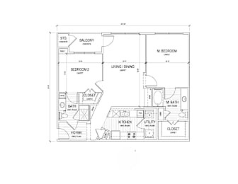 A floor plan of a house with a living room, two bedrooms, a bathroom, a kitchen, a closet, and a foyer.