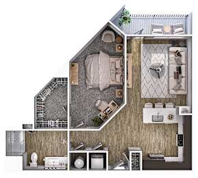 A top-down view of a house layout with a living room, kitchen, and bathroom.