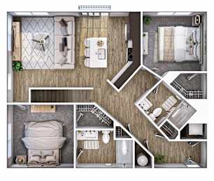 A top-down view of a small apartment with a bedroom, living room, and kitchen.