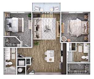 A top-down view of a small apartment layout with a kitchen, living room, and bathroom.
