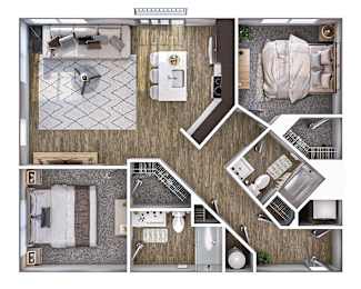 A top-down view of a room layout with a kitchen, living room, and bathroom.