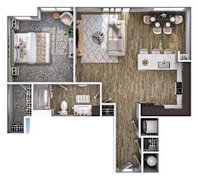 A floor plan of a small apartment with a kitchen, living room, and bathroom.