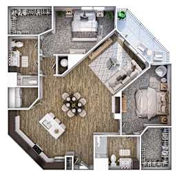A top-down view of a house layout with a central living area, bedrooms, a kitchen, and a bathroom.