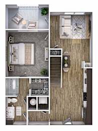A floor plan of a small apartment with a kitchen, living room, and bathroom.