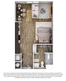 A floor plan of a small apartment with a kitchen, living room, and bathroom.