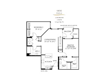 Skye floor plan 2c two bedroom layout at 360 Luxury Apartments, San Diego