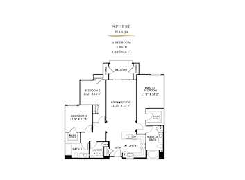 Sphere floor plan 3a three bedroom layout at 360 Luxury Apartments, California
