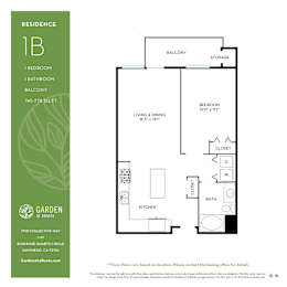 1 bed 1 bath floorplan with balcony at Garden at 3Roots Apartments, San Diego, CA 92126