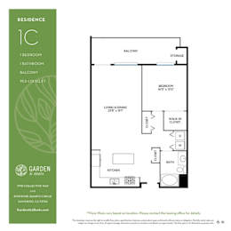 1 bedroom 1 bathroom floorplan with balcony and walk-in closet at Garden at 3Roots Apartments, San Diego, California