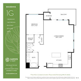 One bed one bathroom floorplan with balcony at Garden at 3Roots Apartments, California, 92126