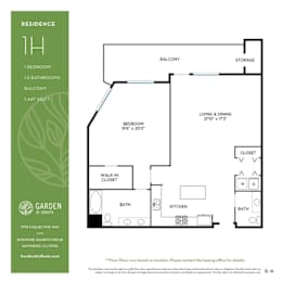 One bedroom one bathroom floorplan with balcony and walk-in closet at Garden at 3Roots Apartments, San Diego, CA 92126