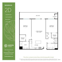 Two bed two bathroom floorplan with balcony at Garden at 3Roots Apartments, San Diego, California