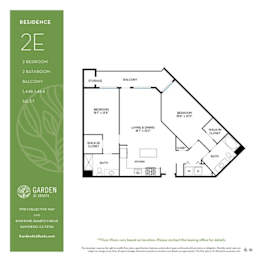 2 bedroom two bathroom floorplan with balcony and walk-in closet at Garden at 3Roots Apartments, San Diego