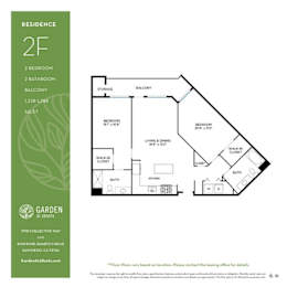 2 bed two bath floorplan with balcony and walk-in closet at Garden at 3Roots Apartments, California