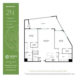 Two bedroom 25 bathroom floorplan with balcony at Garden at 3Roots Apartments, San Diego, CA