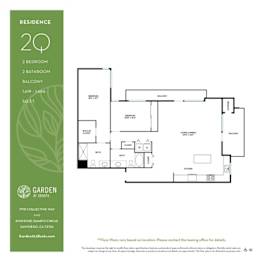 2 bedroom 2 bath floorplan with balcony and walk-in closet at Garden at 3Roots Apartments, San Diego, California