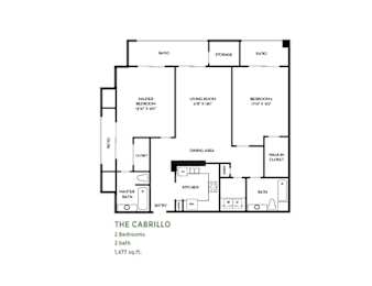 The cabrillo two bedroom floor plan layout at Costa Verde Village Apartments, California, 92122