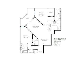 Belmont floorplan 2 bedroom 2 bath layout at Costa Verde Village Apartments, San Diego, CA 92122
