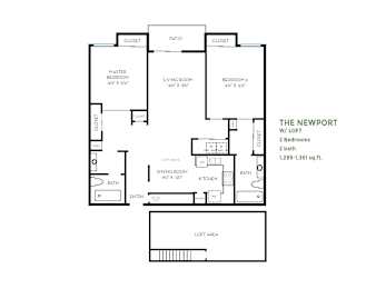 A floor plan of a two bedroom apartment with a living room and a dining room.