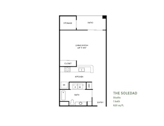 The soledad studio floor plan 620 square feet at Costa Verde Village Apartments, San Diego