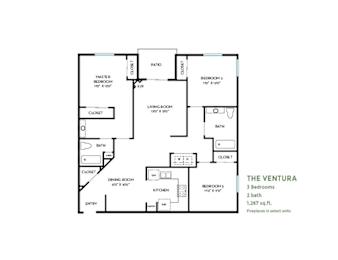 The ventura three bedroom floor plan layout at Costa Verde Village Apartments, California, 92122