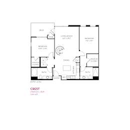 Crest floor plan with two bedrooms and two baths at Metropolis Apartments, California, 92614