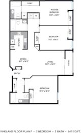 3 Bedroom Floorplan at Vineland Gardens, California, 91602