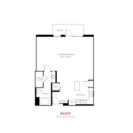 Studio floor plan with deck and walk-in closet at Metropolis Apartments, California, 92614