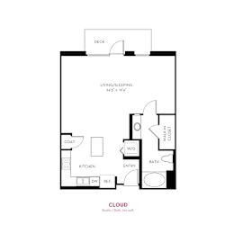 Studio floor plan with living area and deck at Metropolis Apartments, IRVINE, CA 92614