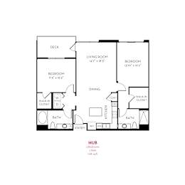Two bedroom floor plan with dual bathrooms and deck at Metropolis Apartments, IRVINE, CA