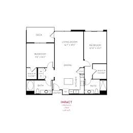 Impact floor plan with two bedrooms and two bathrooms at Metropolis Apartments, IRVINE, 92614