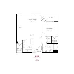 One bedroom floor plan with den and patio at Metropolis Apartments, IRVINE, California