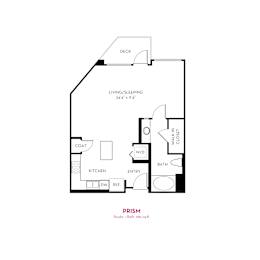 Studio floor plan with washer dryer and private deck at Metropolis Apartments, California