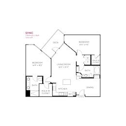 Two bedroom floor plan with walk-in closets and deck at Metropolis Apartments, California, 92614