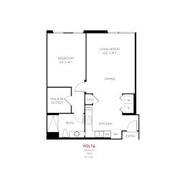 Volta floor plan with one bedroom and bathroom at Metropolis Apartments, IRVINE, CA 92614