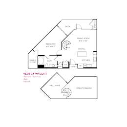 One bedroom 1 bathroom floorplan with deck at Metropolis Apartments, California