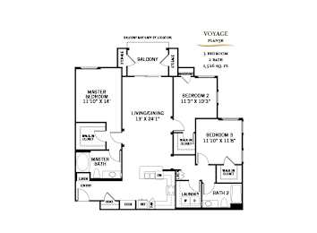 3 bed 2 bath floorplan with balcony at 360 Luxury Apartments, San Diego