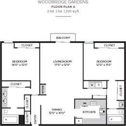 2 Bedroom 2 Bath Floorplan at Woodbridge Gardens, Toluca Lake
