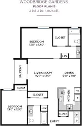 2 Bedroom Floorplan at Woodbridge Gardens, Toluca Lake, CA, 91602