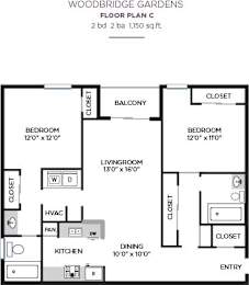 2 Bed Floorplan at Woodbridge Gardens, Toluca Lake, 91602