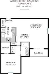1 Bed Floorplan at Woodbridge Gardens, Toluca Lake
