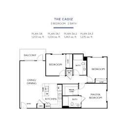 The cadiz three bedroom two bath floor plan at Torrey Gardens Apartments, San Diego, CA 92130