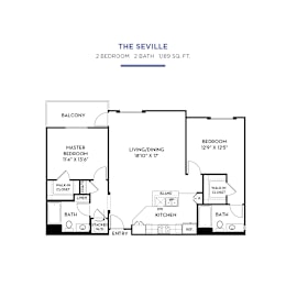 Two bedroom two bath apartment floor plan at Torrey Gardens Apartments, San Diego, 92130