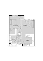 A floor plan of a house with a bedroom, living room, kitchen, bathroom, and laundry area.