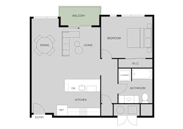 A floor plan of an apartment with a balcony, dining area, living room, kitchen, bathroom, and laundry room.