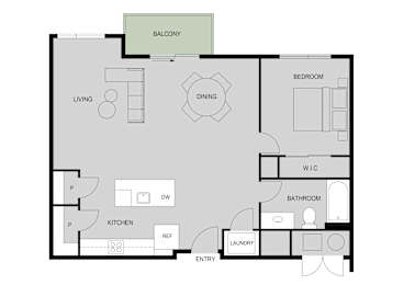 A floor plan of an apartment with a living room, dining room, kitchen, bathroom, laundry, and balcony.
