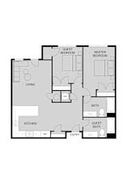 A floor plan of a house with two bedrooms, a living room, a kitchen, a bathroom, and an entry.