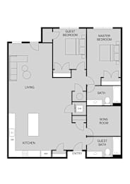 A floor plan of a house with two bedrooms, a living room, a kitchen, a bathroom, a laundry room, a bons room, and an entry.