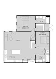 A floor plan of a house with a living room, kitchen, master bedroom, and guest bedroom.