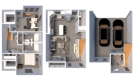 a 3d rendering of a floor plan and layouts of a house